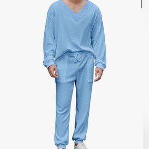 Men's XL Light Blue Tracksuit 2 Piece Outfit Long Sleeve V-Neck Waffle Knit Set
